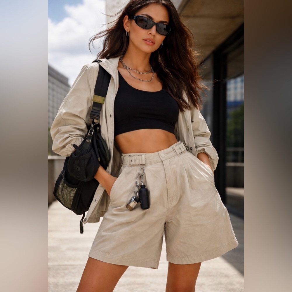 TRAVELSMITH Beige Safari Bermuda Shorts 90s Y2K High Waist Adjustable Gorpcore